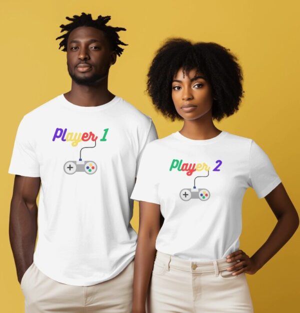 black-couple-wearing-white-tshirt-in-front-of-plain-background-0219 Level Up Your Love with "Player 1 - Player 2" Couples T-Shirts