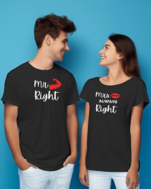 couple-wearing-white-t-shirt-in-front-of-plain-blue-screen-0205 (2) "Mr. Right - Mrs. Always Right" Couples T-Shirts