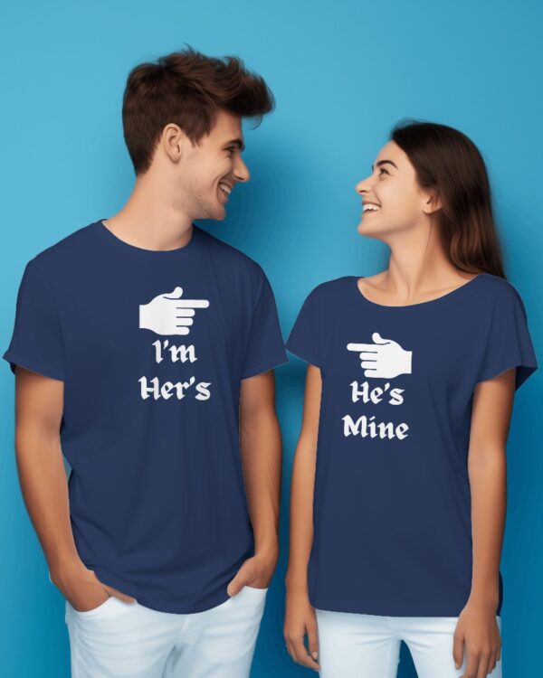 couple-wearing-white-t-shirt-in-front-of-plain-blue-screen-0205 Celebrate Your Bond with "I'm Her's - He's Mine" Couples T-Shirts