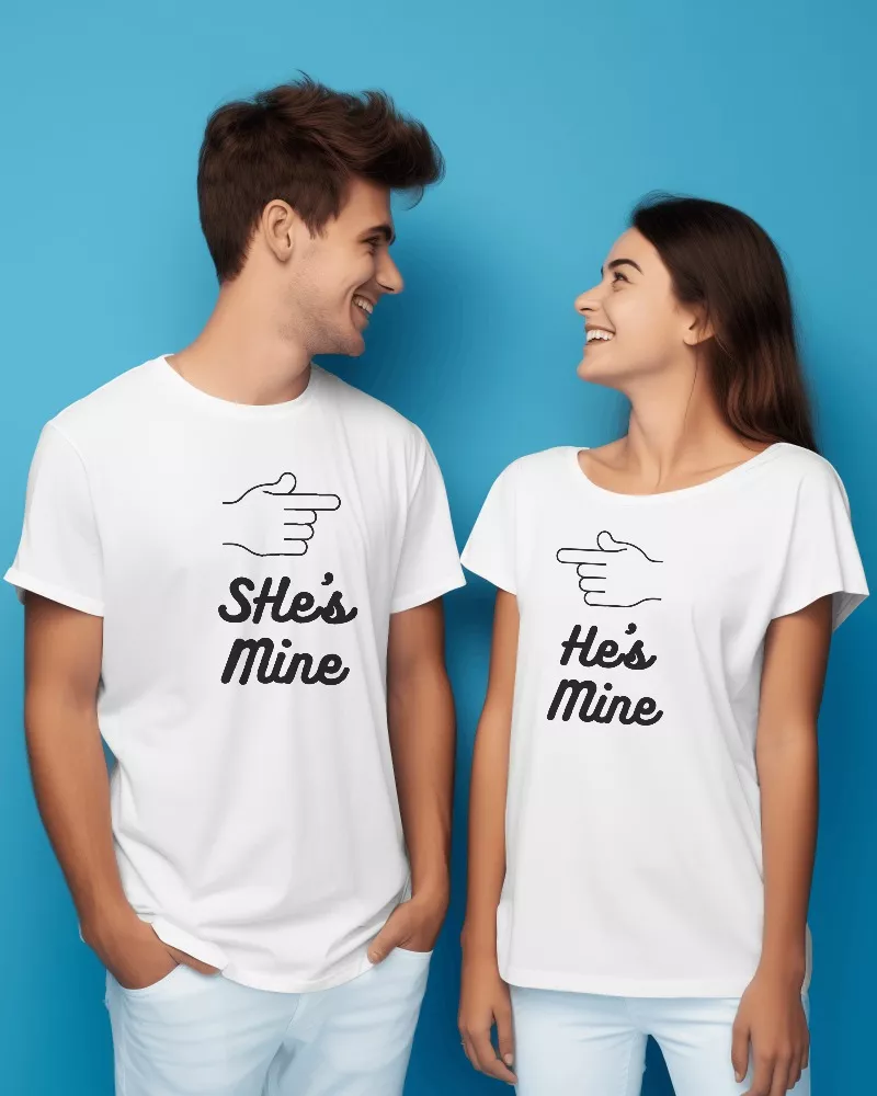 couple-wearing-white-t-shirt-in-front-of-plain-blue-screen-0205 Celebrate Love with "She’s Mine - He’s Mine" Couples T-Shirts