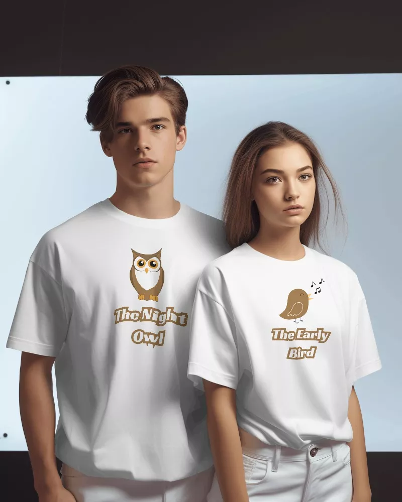 couple-wearing-white-t-shirt-in-front-of-studio-screen-0206 "The Night Owl - The Early Bird" Couples T-Shirts