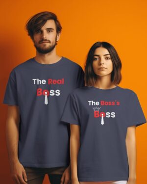 couple-wearing-white-t-shirt-in-front-of-yellow-screen-0213 (2) "The Real Boss - The Boss's Boss" Couples T-Shirts