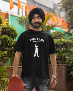mockup-of-a-bearded-skater-wearing-a-crewneck-t-shirt-and-a-turban-m38645 Punjabi Aa Gye Oye Black Unisex T-Shirt