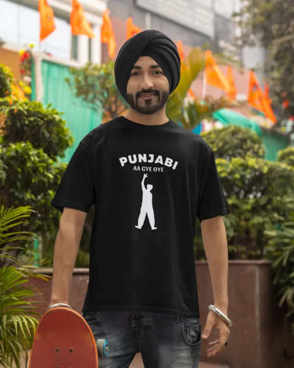mockup-of-a-bearded-skater-wearing-a-crewneck-t-shirt-and-a-turban-m38645 Punjabi Aa Gye Oye Black Unisex T-Shirt