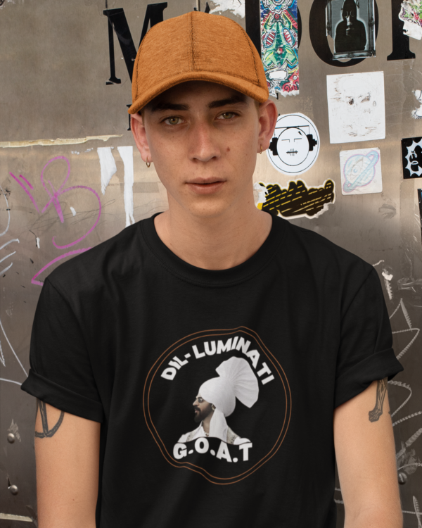 t-shirt-mockup-of-a-man-wearing-a-dad-hat-against-a-wall-with-stickers-28594 Dil-Luminati G.O.A.T Unisex T-Shirt
