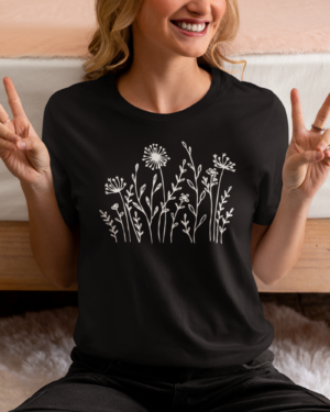 crewneck-tee-mockup-of-a-woman-making-peace-signs-with-her-hands-m37293 (3) Wild Flowers Graphic Women's T-Shirt – Nature-Inspired Style & Comfort