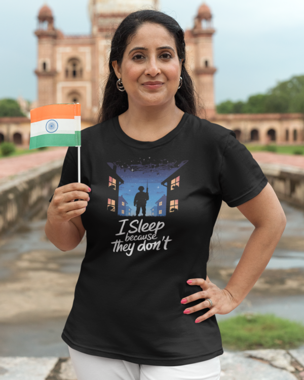 t-shirt-mockup-featuring-a-woman-holding-an-indian-flag-m29626 (1) I Sleep Because They Don’t Unisex T-Shirt – Tribute to Indian Armed Forces