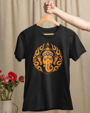 mockup-of-a-woman-s-hand-holding-a-hanger-with-a-t-shirt-over-a-table-with-flowers-m23501 Ekadanta Unisex T-shirt | Lord Ganesha Inspired Spiritual T-shirt